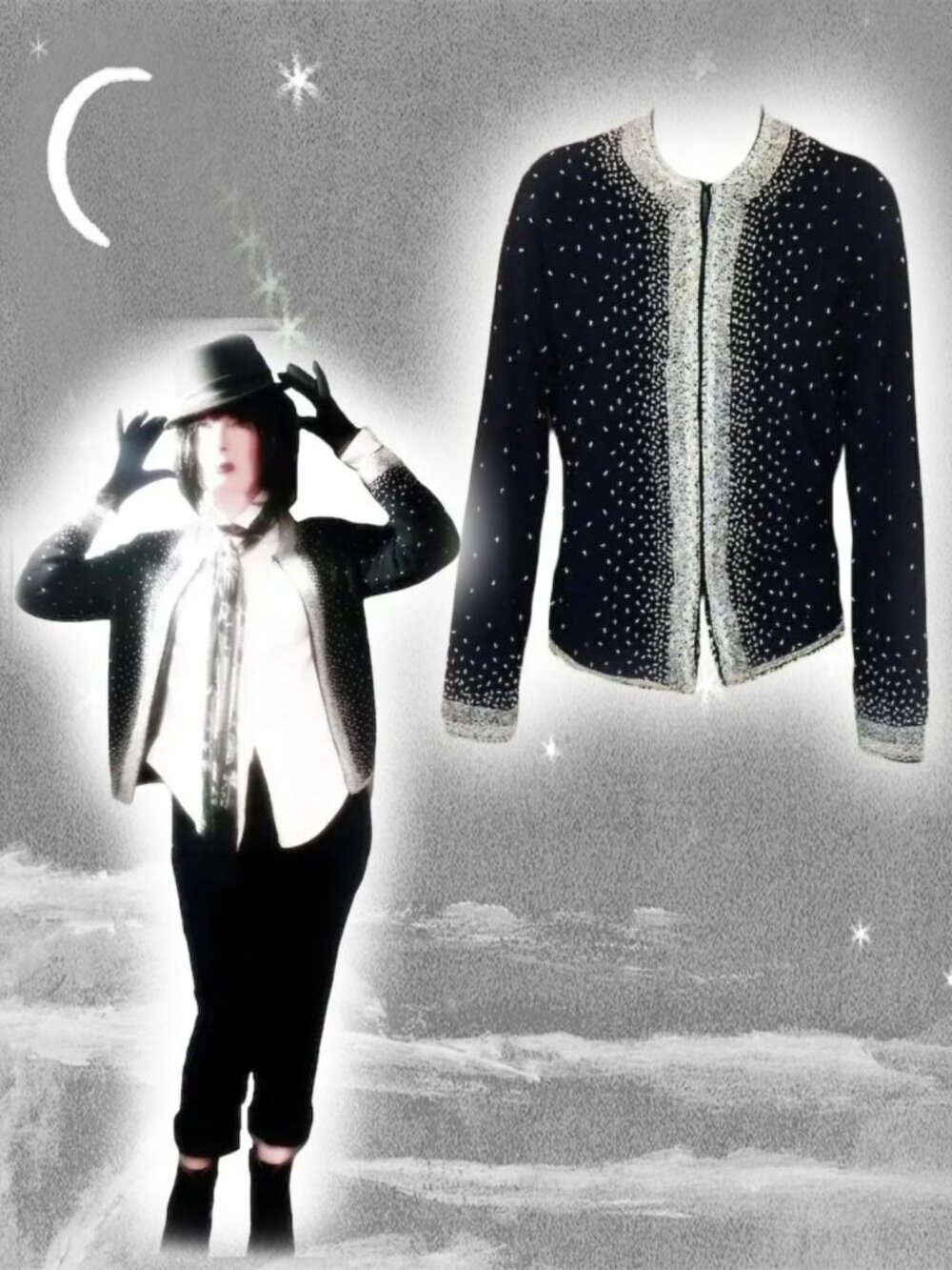 Vintage Beaded Cardigan Black Wool Sweater, Rockabilly Fun